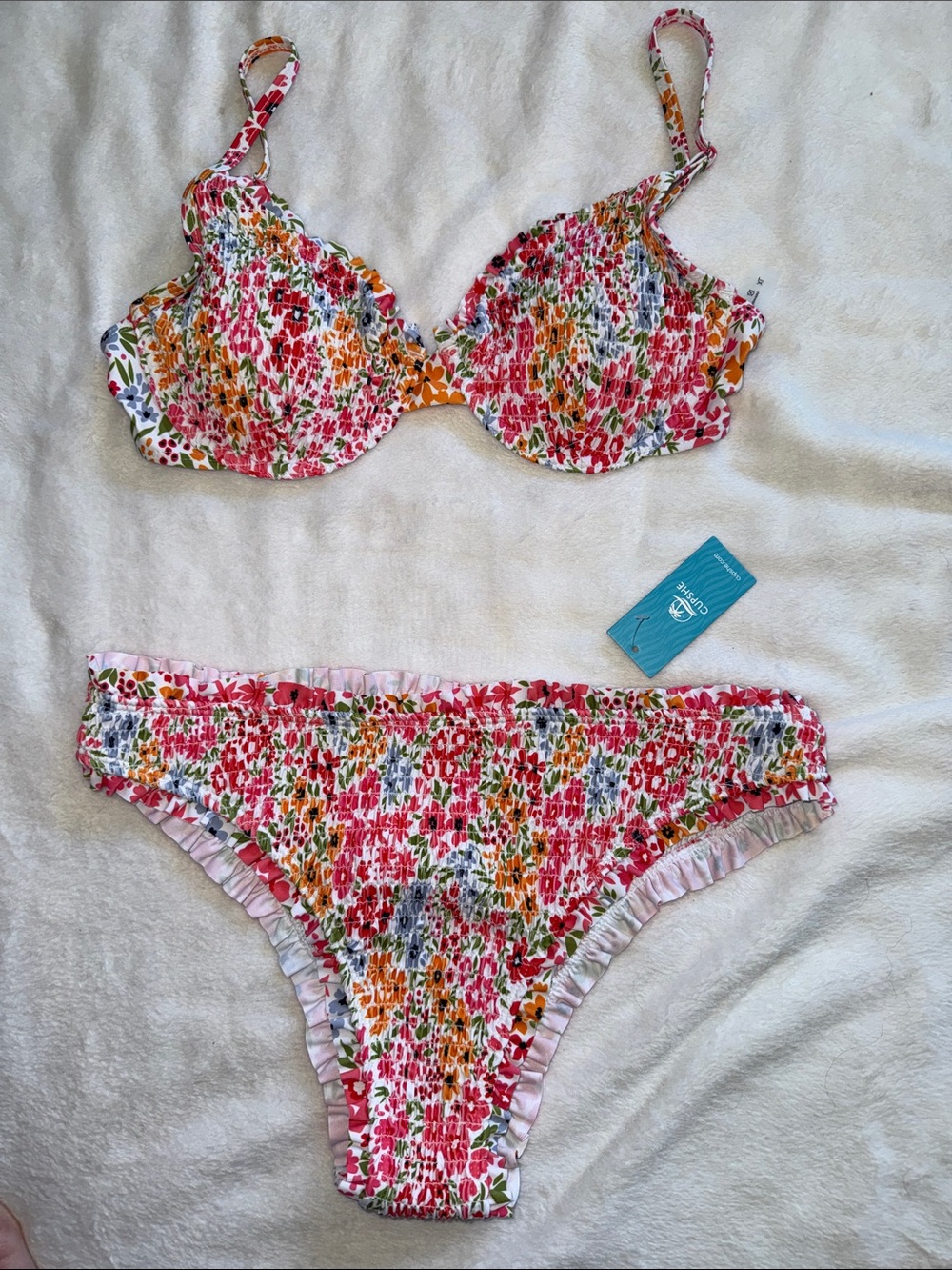 Cupshe Floral Smocked Pink Orange Green Blue Bikini Set